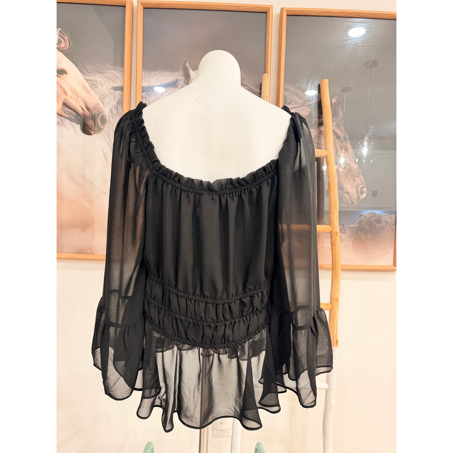Cato Black sheer blouse with ruffled sleeves and elastic waistband, size XL J1085-OT