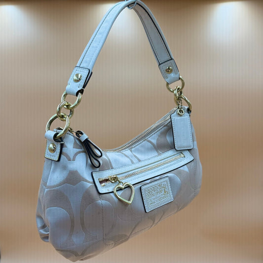 Authentic Coach Poppy Signature Jacquard Hobo Shoulder Bag Ivory Gold Heart Charm