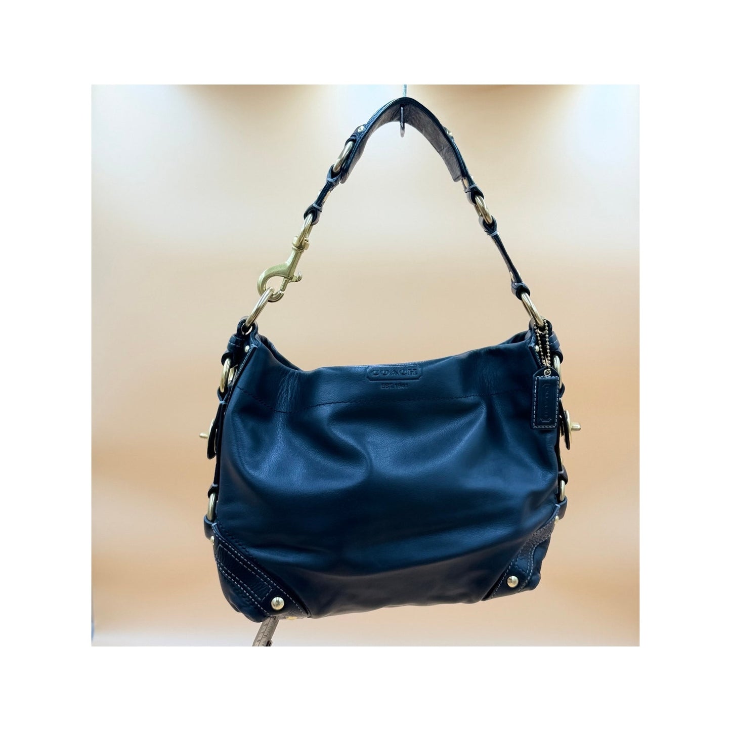 Coach Carly Black Leather Hobo Shoulder Bag Turnlock Brass Hardware Large Purse