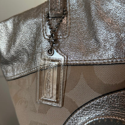 Authentic Coach Signature Metallic Silver & Khaki Canvas Tote Bag Rare Transparent Hang Tag