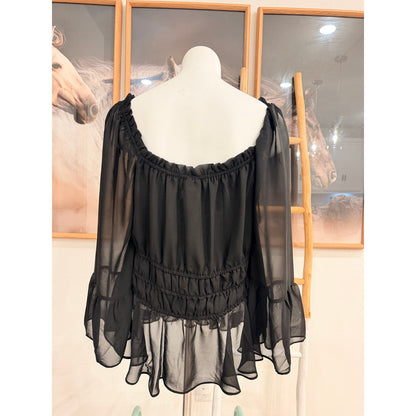 Cato Black sheer blouse with ruffled sleeves and elastic waistband, size XL   J1085-OT