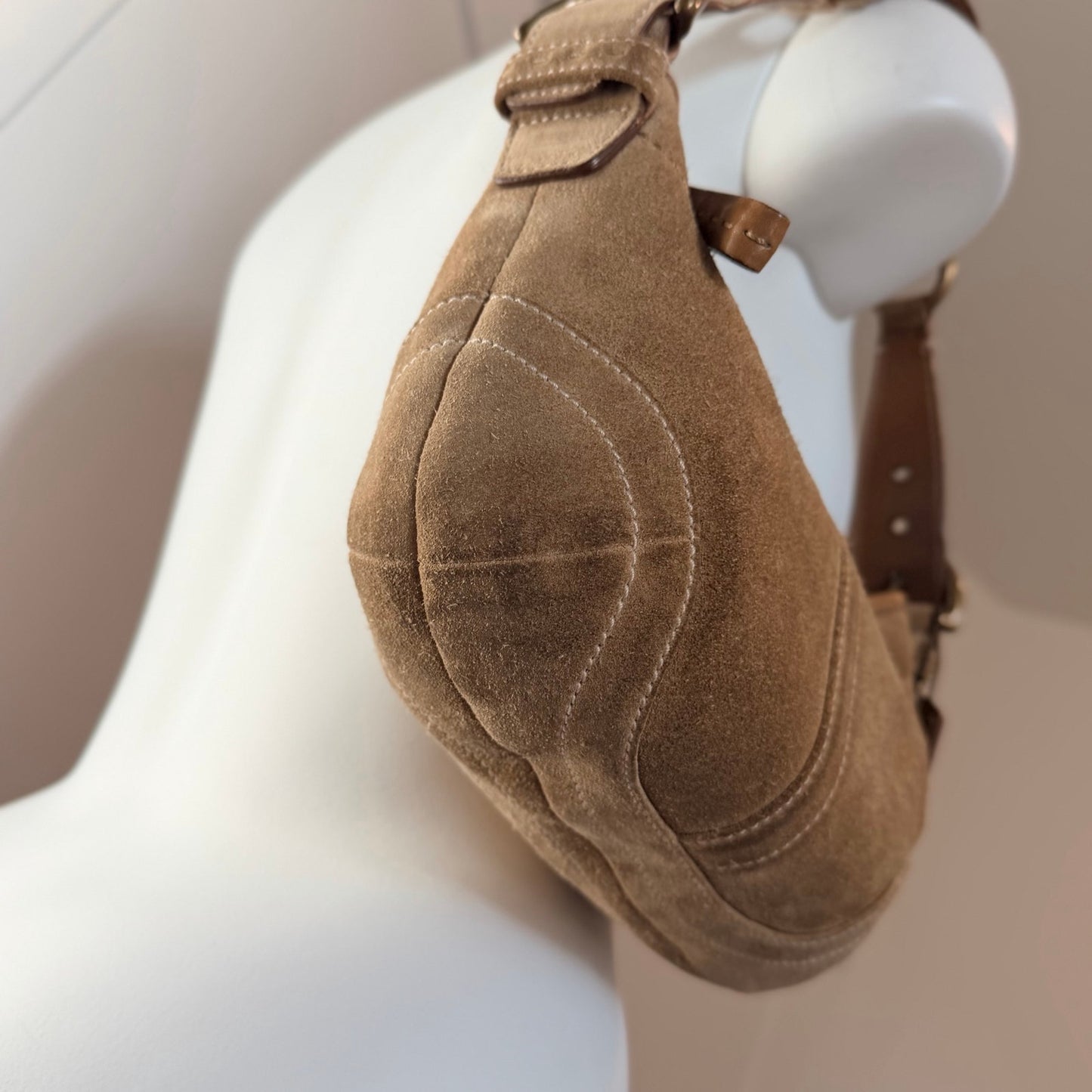 Y2k Coach Soho Suede Hobo Shoulder Bag Camel Tan Leather Trim Brass Hardware