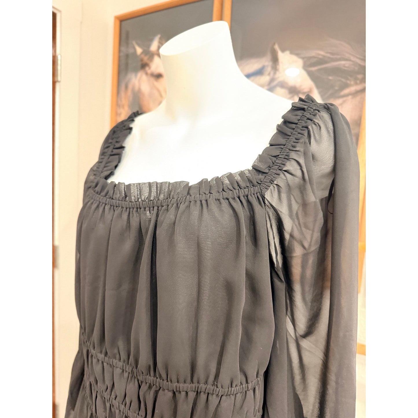 Cato Black sheer blouse with ruffled sleeves and elastic waistband, size XL   J1085-OT