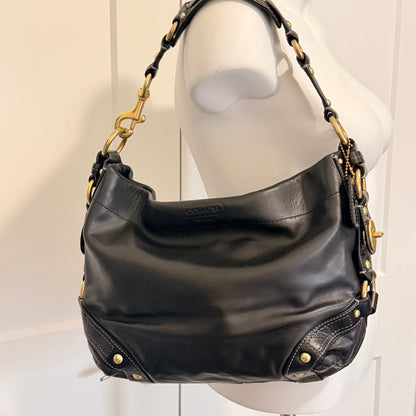 Coach Carly Black Leather Hobo Shoulder Bag Turnlock Brass Hardware Large Purse