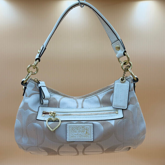 Authentic Coach Poppy Signature Jacquard Hobo Shoulder Bag Ivory Gold Heart Charm