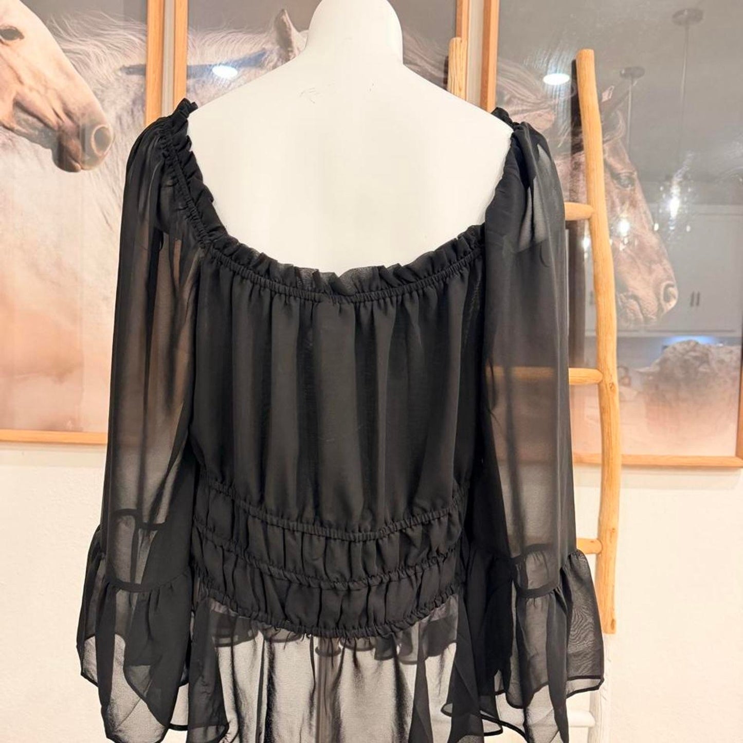 Cato Black sheer blouse with ruffled sleeves and elastic waistband, size XL   J1085-OT