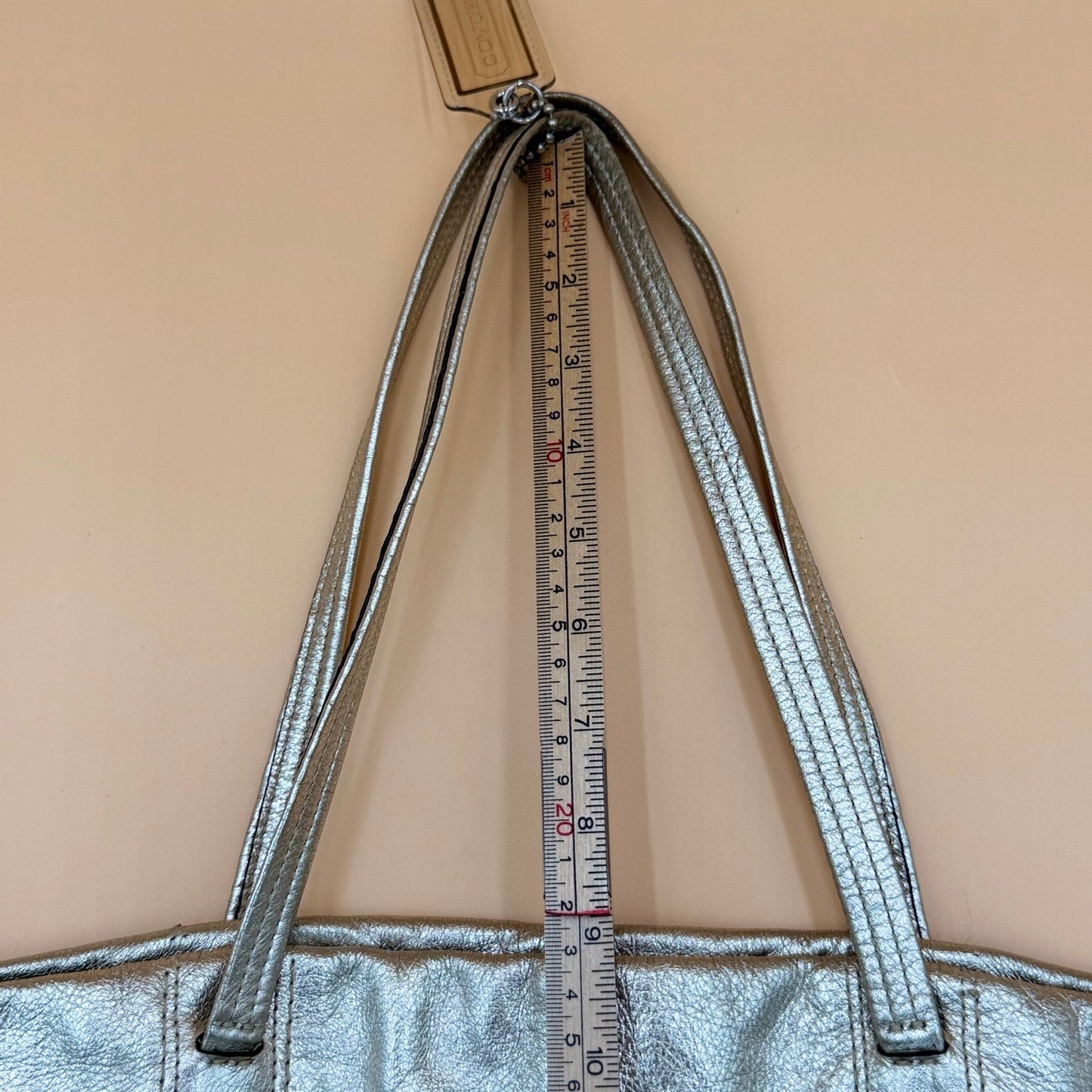 Authentic Coach Signature Metallic Silver & Khaki Canvas Tote Bag Rare Transparent Hang Tag