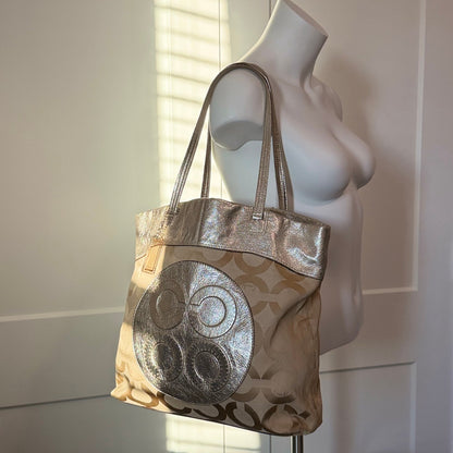 Authentic Coach Signature Metallic Silver & Khaki Canvas Tote Bag Rare Transparent Hang Tag