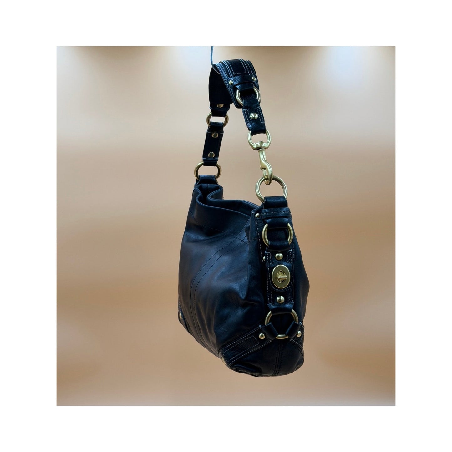 Coach Carly Black Leather Hobo Shoulder Bag Turnlock Brass Hardware Large Purse