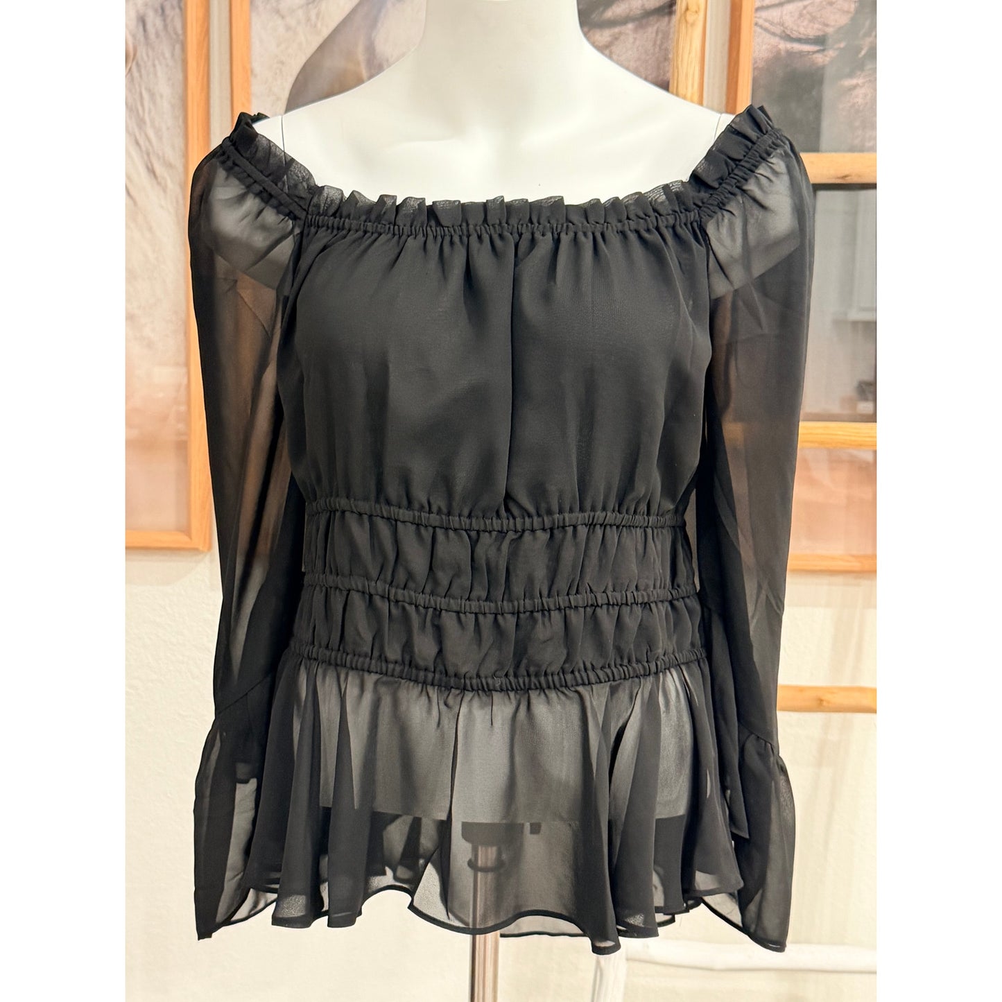 Cato Black sheer blouse with ruffled sleeves and elastic waistband, size XL   J1085-OT