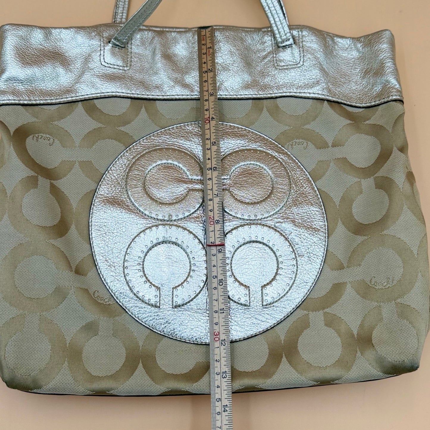 Authentic Coach Signature Metallic Silver & Khaki Canvas Tote Bag Rare Transparent Hang Tag