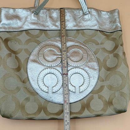Authentic Coach Signature Metallic Silver & Khaki Canvas Tote Bag Rare Transparent Hang Tag