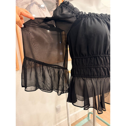 Cato Black sheer blouse with ruffled sleeves and elastic waistband, size XL   J1085-OT