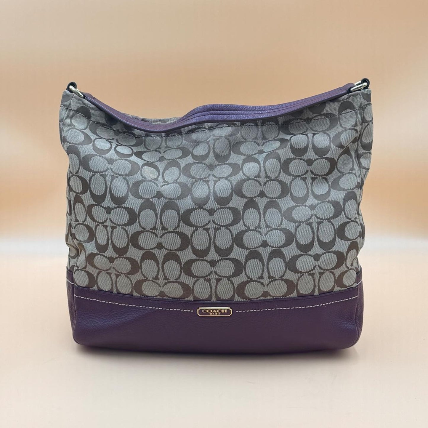 Coach Signature Jacquard Hobo Bag Khaki Purple Leather Shoulder Pursehobo bag