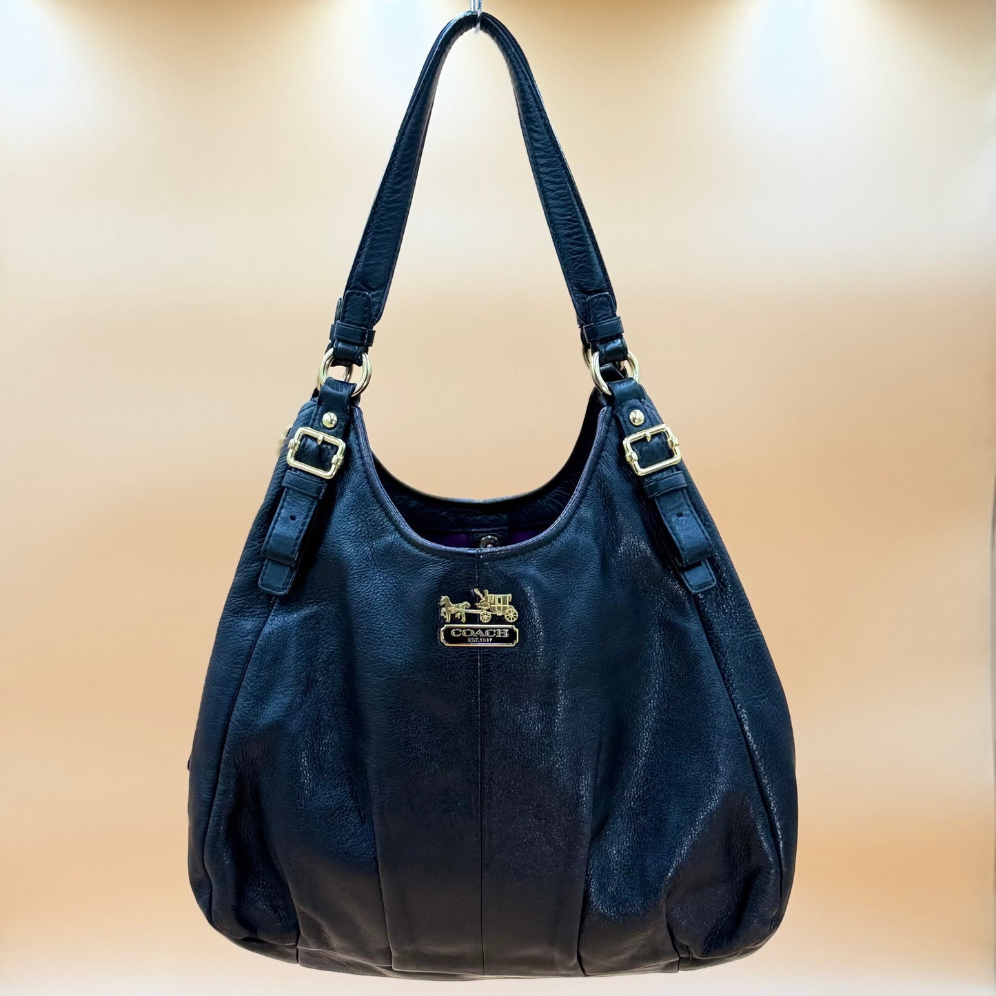 Coach Madison Black Pebbled Leather Shoulder Bag Hobo Gold Hardware with COA