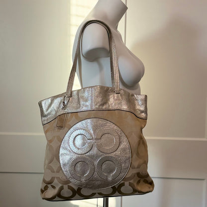 Authentic Coach Signature Metallic Silver & Khaki Canvas Tote Bag Rare Transparent Hang Tag