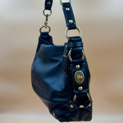 Coach Carly Black Leather Hobo Shoulder Bag Turnlock Brass Hardware Large Purse