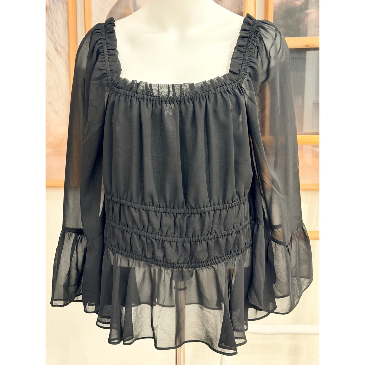 Cato Black sheer blouse with ruffled sleeves and elastic waistband, size XL   J1085-OT