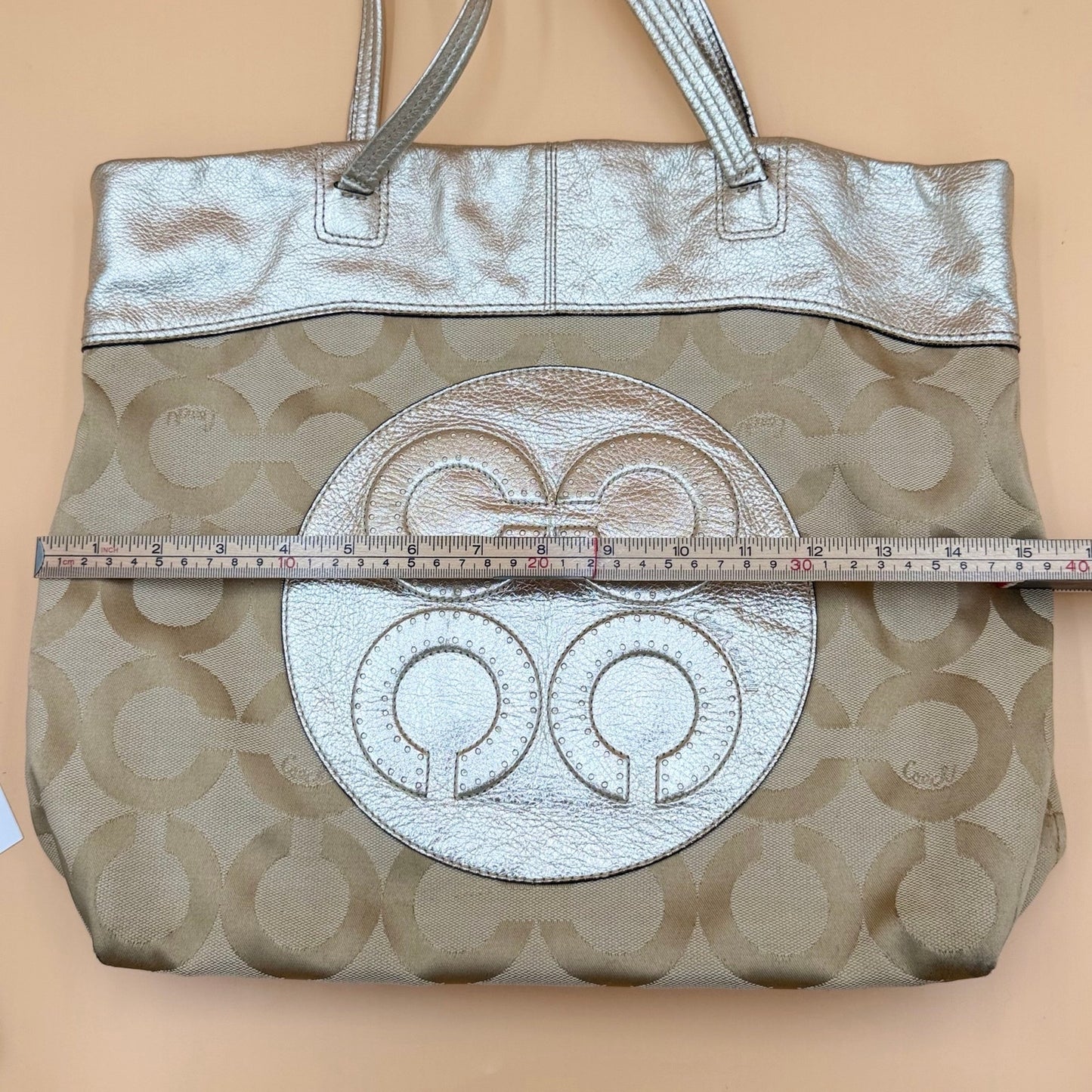 Authentic Coach Signature Metallic Silver & Khaki Canvas Tote Bag Rare Transparent Hang Tag