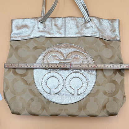 Authentic Coach Signature Metallic Silver & Khaki Canvas Tote Bag Rare Transparent Hang Tag