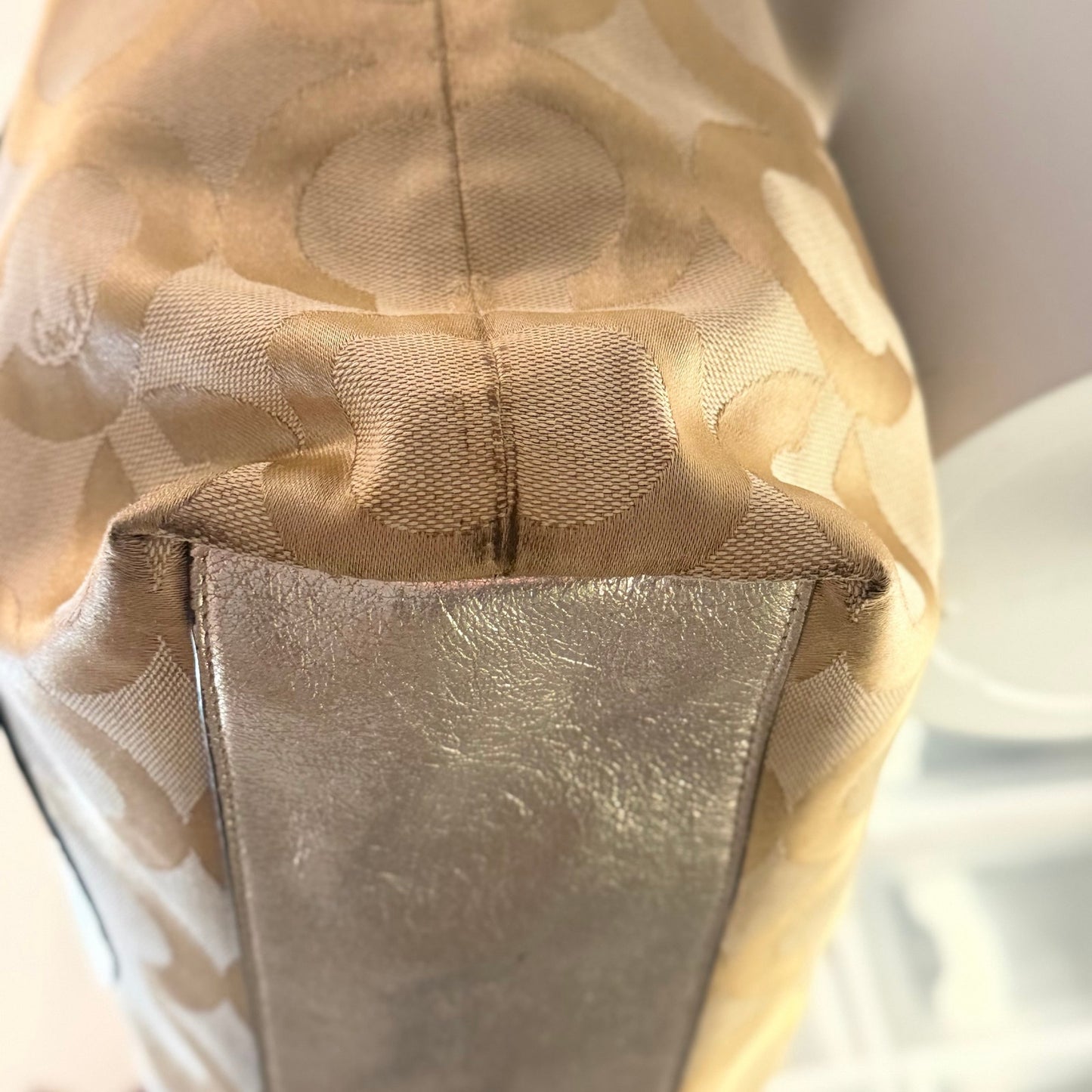 Authentic Coach Signature Metallic Silver & Khaki Canvas Tote Bag Rare Transparent Hang Tag