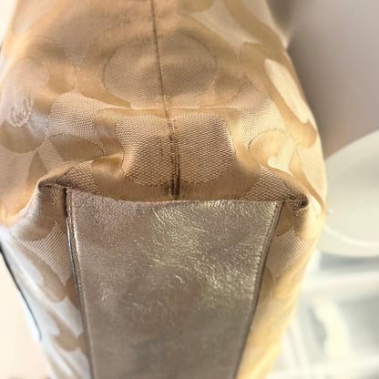 Authentic Coach Signature Metallic Silver & Khaki Canvas Tote Bag Rare Transparent Hang Tag