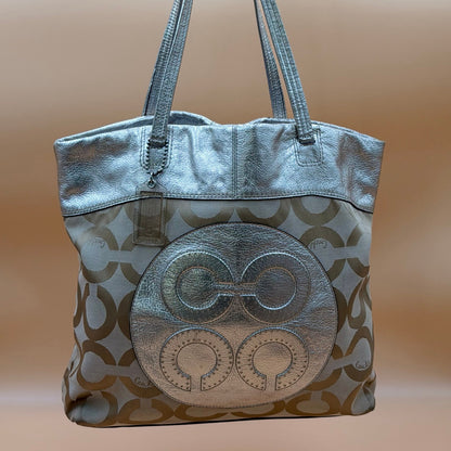 Authentic Coach Signature Metallic Silver & Khaki Canvas Tote Bag Rare Transparent Hang Tag