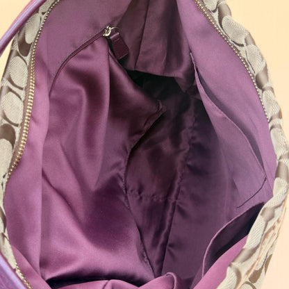 Coach Signature Jacquard Hobo Bag Khaki Purple Leather Shoulder Pursehobo bag