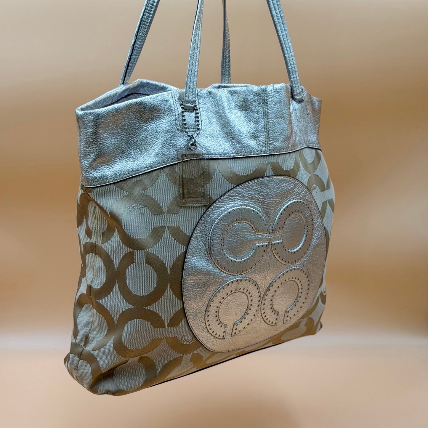 Authentic Coach Signature Metallic Silver & Khaki Canvas Tote Bag Rare Transparent Hang Tag