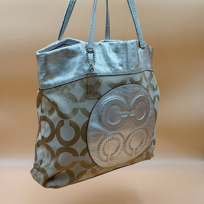 Authentic Coach Signature Metallic Silver & Khaki Canvas Tote Bag Rare Transparent Hang Tag