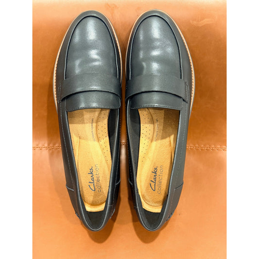 NEW CLARKS SHARON GRACIE WOMEN'S BLACK SLIP-ON LEATHER LOAFERS