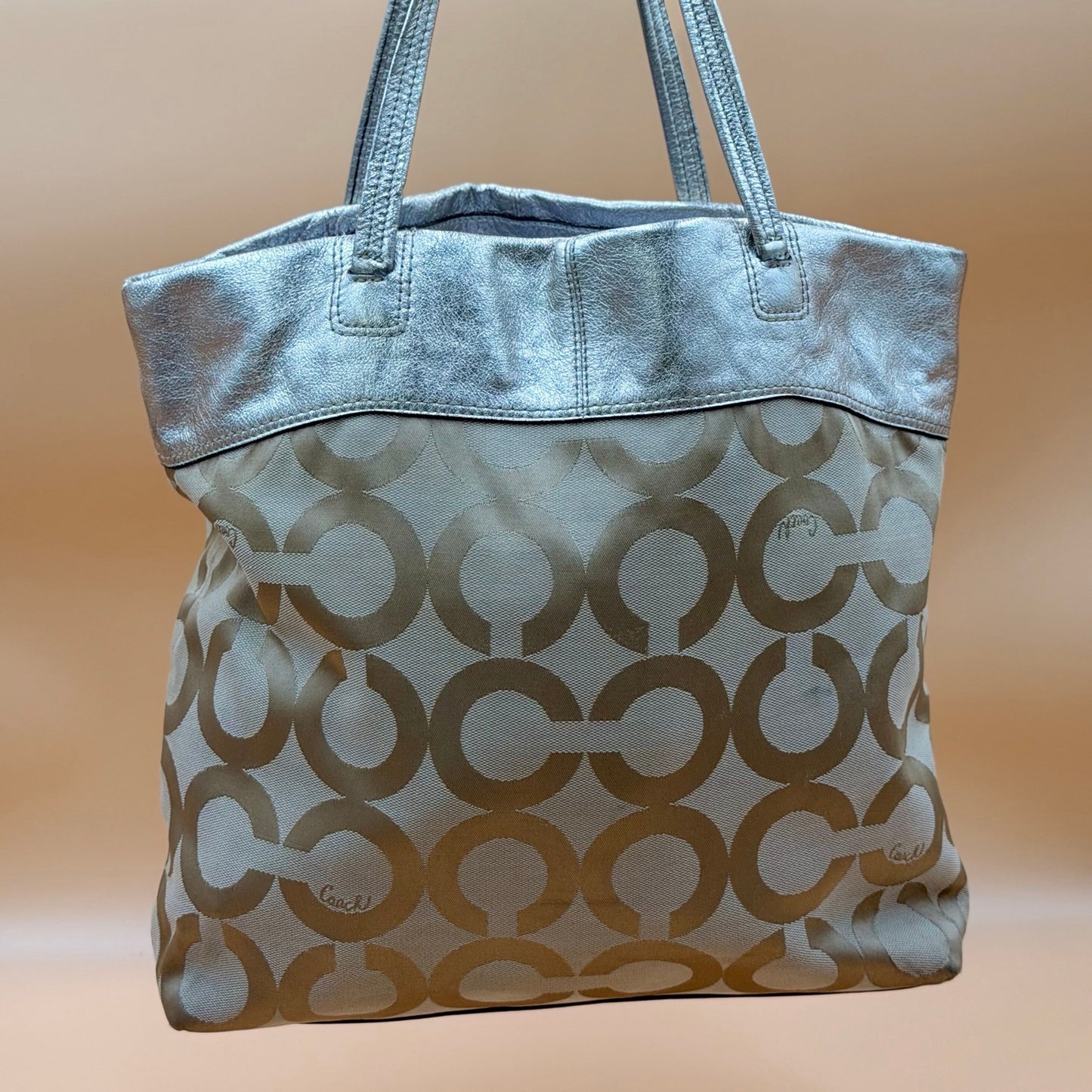Authentic Coach Signature Metallic Silver & Khaki Canvas Tote Bag Rare Transparent Hang Tag