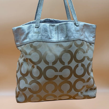 Authentic Coach Signature Metallic Silver & Khaki Canvas Tote Bag Rare Transparent Hang Tag