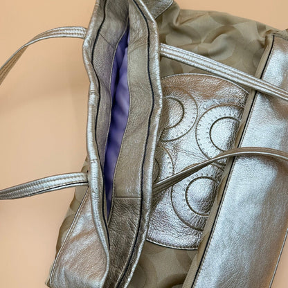 Authentic Coach Signature Metallic Silver & Khaki Canvas Tote Bag Rare Transparent Hang Tag